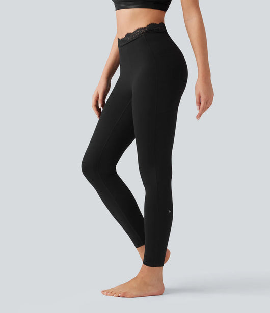 V-Shaped High Waisted Contrast Lace Yoga Flare Leggings with Pockets