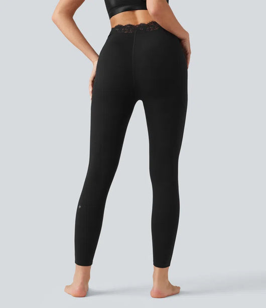 V-Shaped High Waisted Contrast Lace Yoga Flare Leggings with Pockets