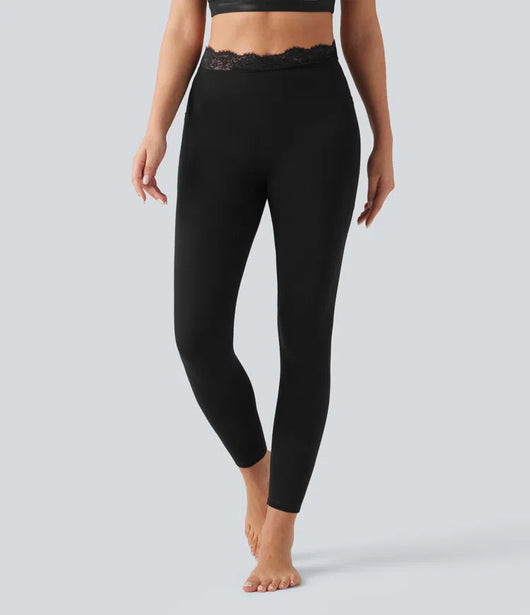 V-Shaped High Waisted Contrast Lace Yoga Flare Leggings with Pockets