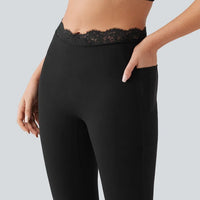 V-Shaped High Waisted Contrast Lace Yoga Flare Leggings with Pockets