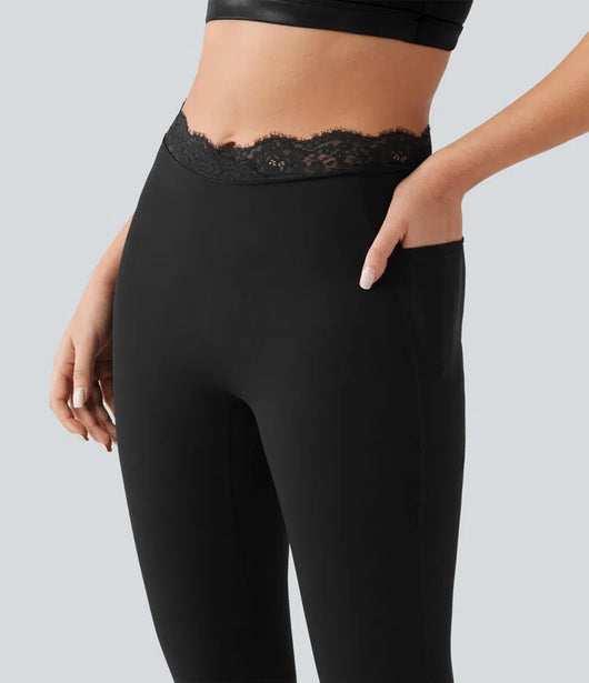 V-Shaped High Waisted Contrast Lace Yoga Flare Leggings with Pockets