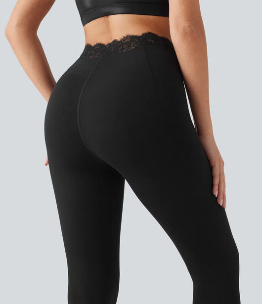 V-Shaped High Waisted Contrast Lace Yoga Flare Leggings with Pockets