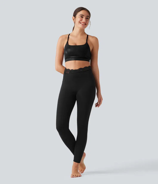 V-Shaped High Waisted Contrast Lace Yoga Flare Leggings with Pockets