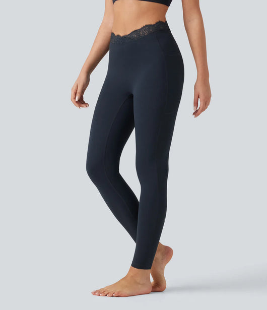 V-Shaped High Waisted Contrast Lace Yoga Flare Leggings with Pockets