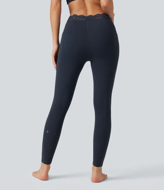 V-Shaped High Waisted Contrast Lace Yoga Flare Leggings with Pockets
