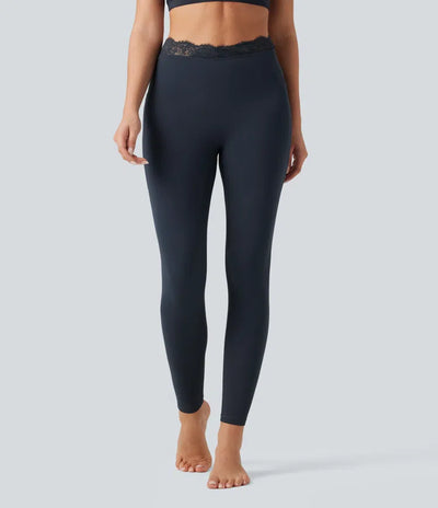 V-Shaped High Waisted Contrast Lace Yoga Flare Leggings with Pockets