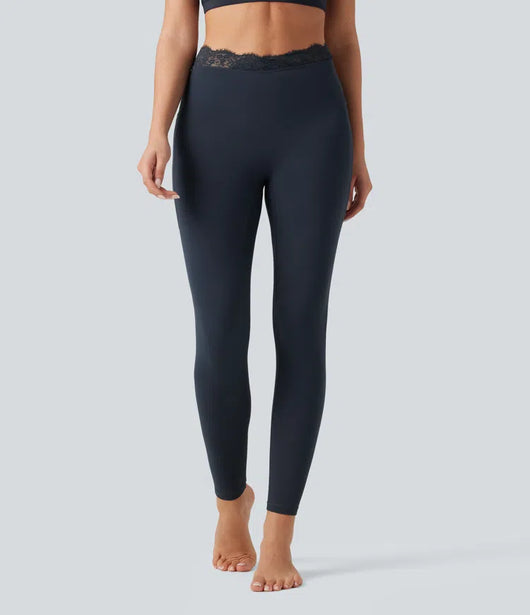V-Shaped High Waisted Contrast Lace Yoga Flare Leggings with Pockets