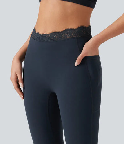 V-Shaped High Waisted Contrast Lace Yoga Flare Leggings with Pockets