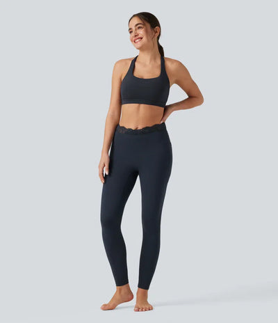 V-Shaped High Waisted Contrast Lace Yoga Flare Leggings with Pockets